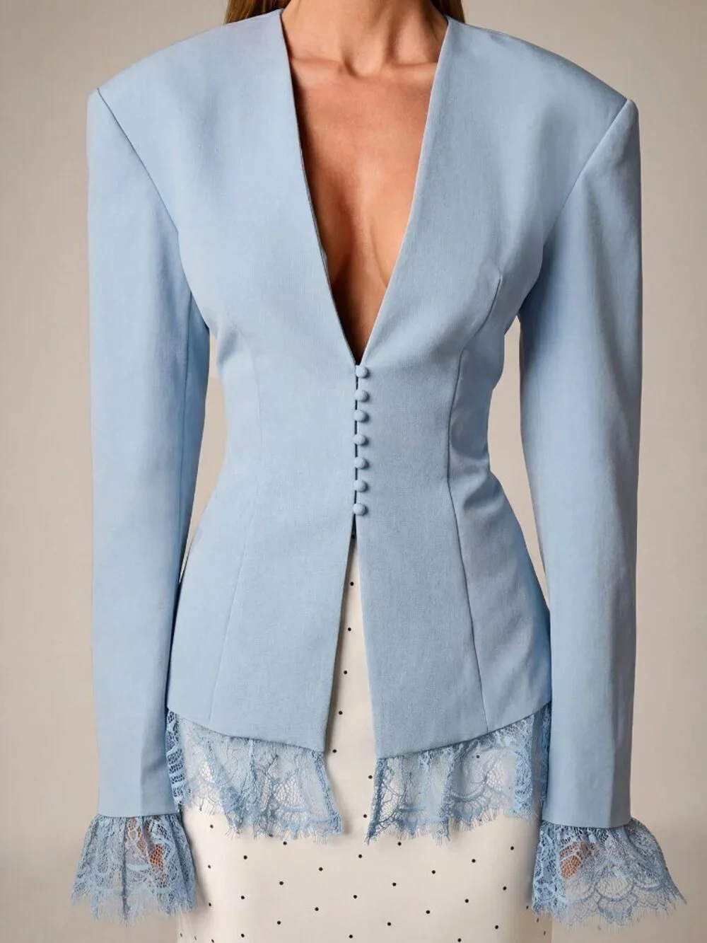 Blue Elegant Women's Lace Collarless Deep V-Neck Bell Sleeves Blazer